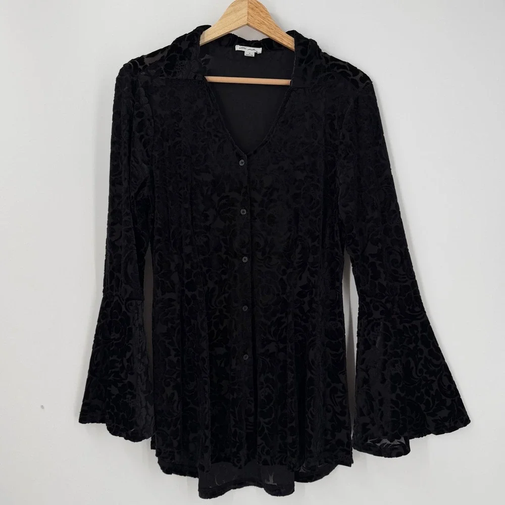 Withcy Whimsygoth Black Velvet Burnout Top Womens Medium Black Bell Sleeve Boho
